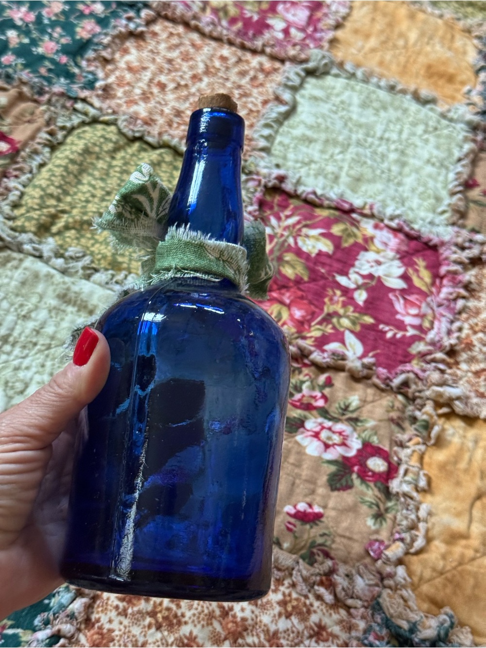 Vintage Cobalt Blue Glass Bottle with Green Fabric Bow - Picture 4 of 6